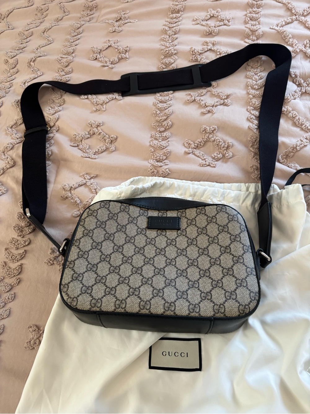 Gucci Beige and Black GG Canvas Messenger Bag